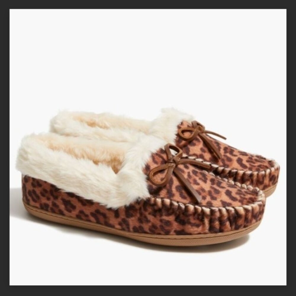 new J.Crew Leopard Print faux fur lined moccasin slippers 9